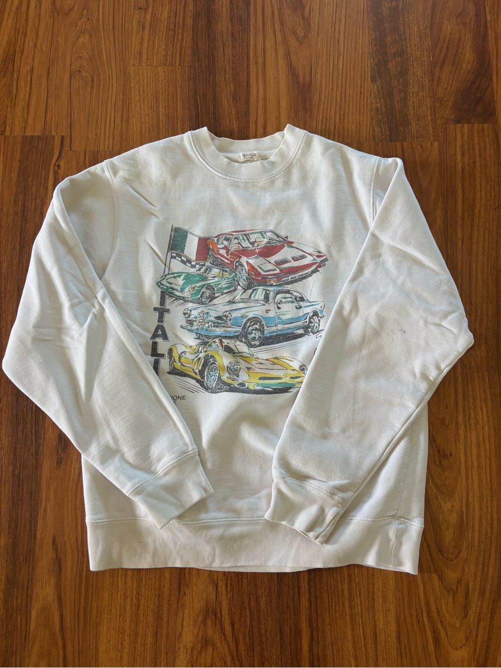 White Graphic Crewneck Sweater with Vintage Car Design